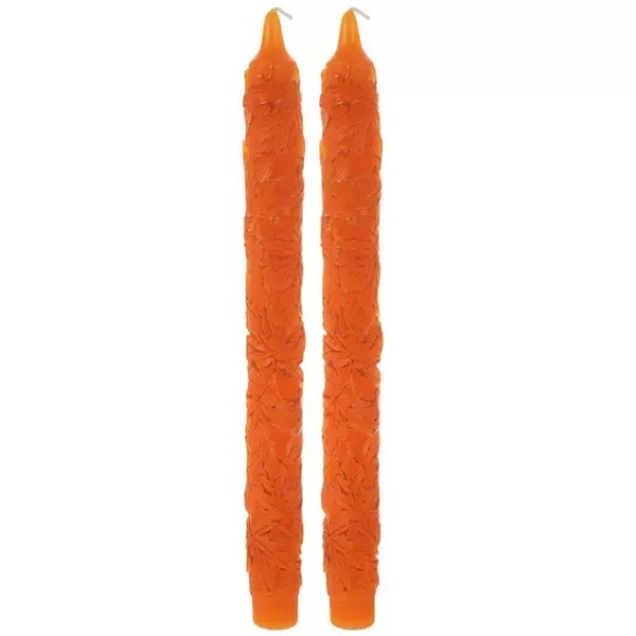 (2) Sets Orange Embossed Leaf Taper Candles - Picture 1 of 1